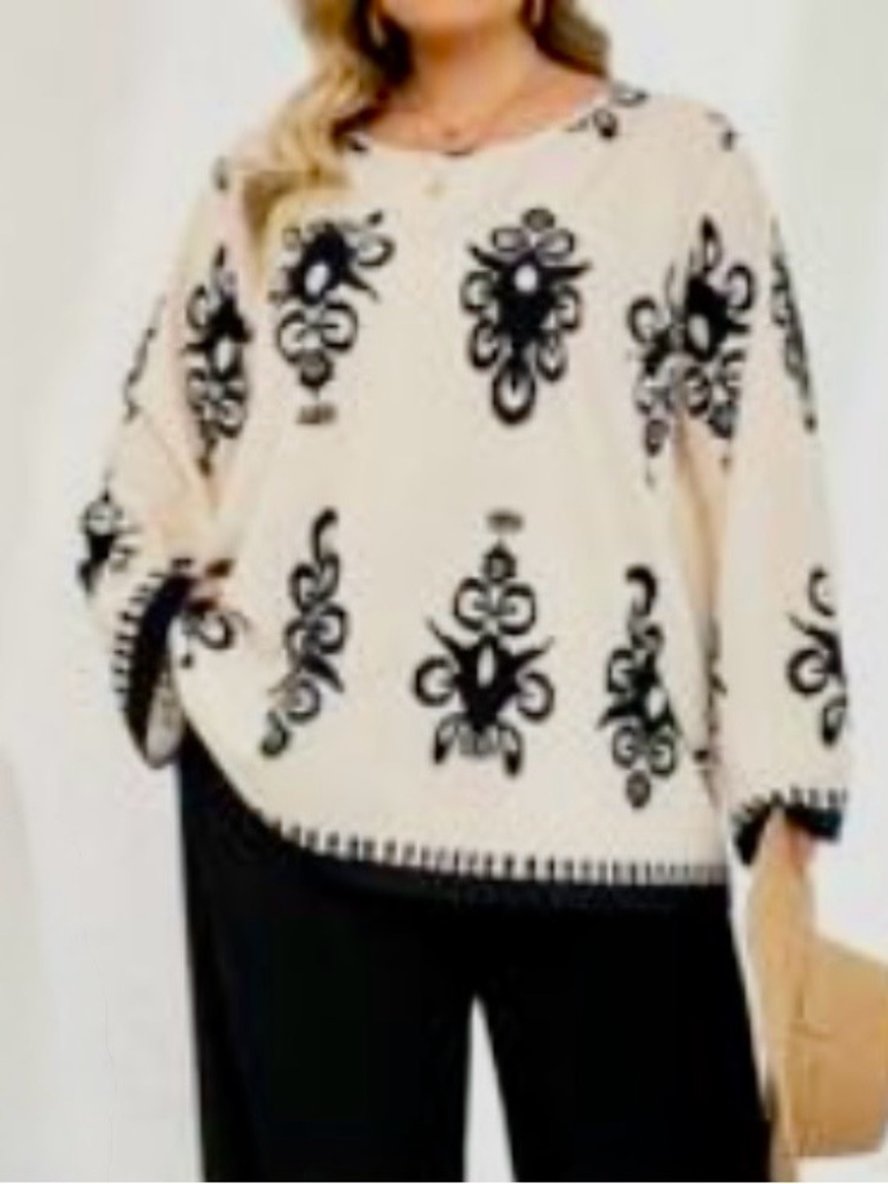 Black and Cream Patterned Blouse And Pant Set